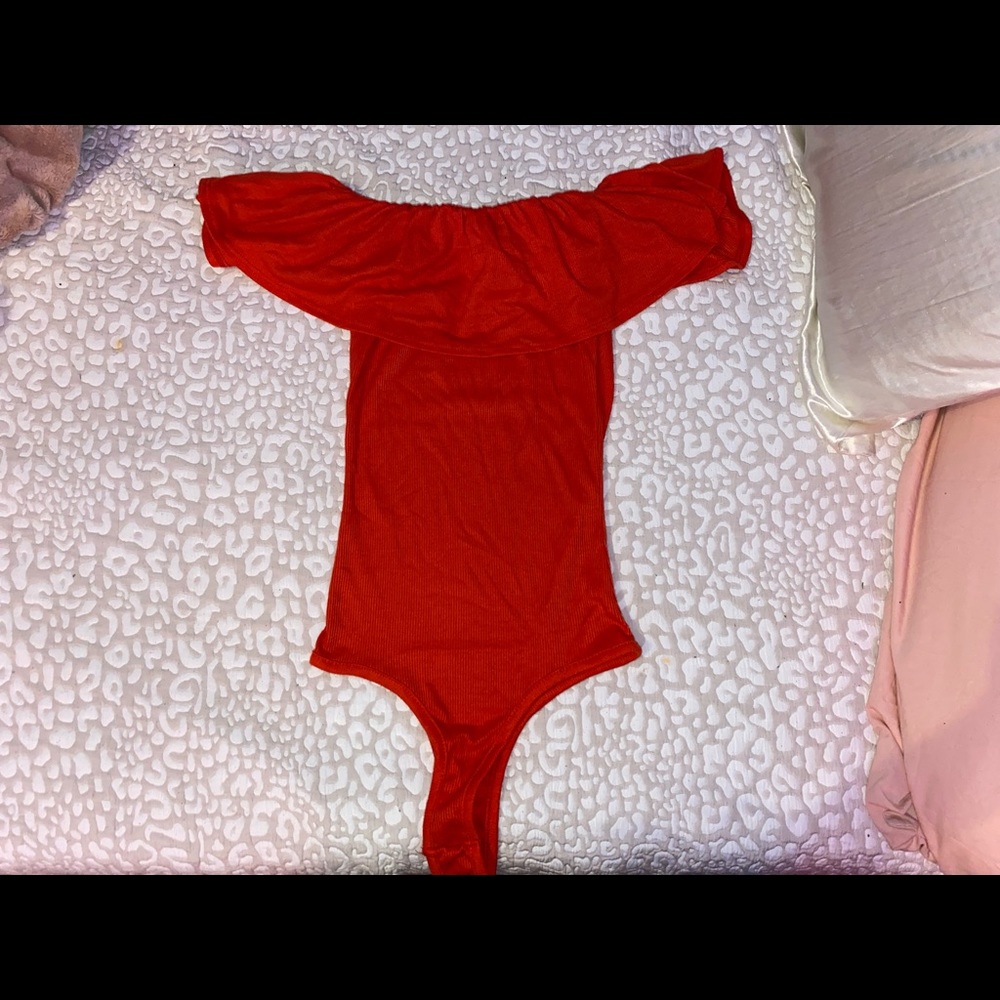 Red Flowy off the shoulder bodysuit